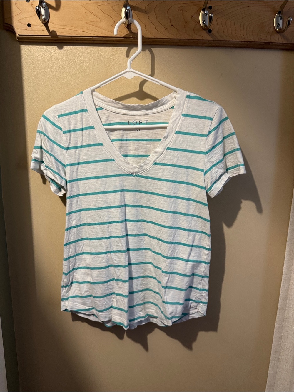 LOFT White V-Neck Tee with Teal Stripes
